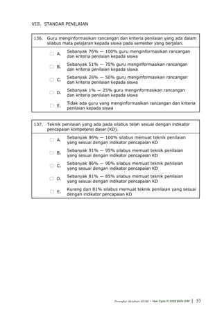 VIII. STANDAR PENILAIAN


136. Guru menginformasikan rancangan dan kriteria penilaian yang ada dalam
     silabus mata pelajaran kepada siswa pada semester yang berjalan.
               Sebanyak 76% — 100% guru menginformasikan rancangan
          A.
               dan kriteria penilaian kepada siswa
               Sebanyak 51% — 75% guru menginformasikan rancangan
          B.
               dan kriteria penilaian kepada siswa
               Sebanyak 26% — 50% guru menginformasikan rancangan
          C.
               dan kriteria penilaian kepada siswa
               Sebanyak 1% — 25% guru menginformasikan rancangan
          D.
               dan kriteria penilaian kepada siswa
               Tidak ada guru yang menginformasikan rancangan dan kriteria
          E.
               penilaian kepada siswa


137. Teknik penilaian yang ada pada silabus telah sesuai dengan indikator
     pencapaian kompetensi dasar (KD).
               Sebanyak 96% — 100% silabus memuat teknik penilaian
          A.
               yang sesuai dengan indikator pencapaian KD
               Sebanyak 91% — 95% silabus memuat teknik penilaian
          B.
               yang sesuai dengan indikator pencapaian KD
               Sebanyak 86% — 90% silabus memuat teknik penilaian
          C.
               yang sesuai dengan indikator pencapaian KD
               Sebanyak 81% — 85% silabus memuat teknik penilaian
          D.
               yang sesuai dengan indikator pencapaian KD
               Kurang dari 81% silabus memuat teknik penilaian yang sesuai
          E.
               dengan indikator pencapaian KD




                                     Perangkat Akreditasi SD/MI   - Hak Cipta © 2009 BAN-S/M | 53
 