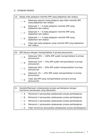 II. STANDAR PROSES


19. Setiap mata pelajaran memiliki RPP yang dijabarkan dari silabus.
              Sebanyak sepuluh mata pelajaran atau lebih memiliki RPP
         A.
              yang dijabarkan dari silabus
              Sebanyak 7 — 9 mata pelajaran memiliki RPP yang
         B.
              dijabarkan dari silabus
              Sebanyak 4 — 6 mata pelajaran memiliki RPP yang
         C.
              dijabarkan dari silabus
              Sebanyak 1 — 3 mata pelajaran memiliki RPP yang
         D.
              dijabarkan dari silabus
              Tidak ada mata pelajaran yang memiliki RPP yang dijabarkan
         E.
              dari silabus


20. RPP disusun dengan memperhatikan 6 prinsip penyusunan.
              Sebanyak 76% — 100% RPP sudah memperhatikan 6 prinsip
         A.
              penyusunan
              Sebanyak 51% — 75% RPP sudah memperhatikan 6 prinsip
         B.
              penyusunan
              Sebanyak 26% — 50% RPP sudah memperhatikan 6 prinsip
         C.
              penyusunan
              Sebanyak 1% — 25% RPP sudah memperhatikan 6 prinsip
         D.
              penyusunan
              Tidak ada RPP yang memperhatikan prinsip 6 prinsip
         E.
              penyusunan


21. Sekolah/Madrasah melaksanakan proses pembelajaran dengan
    memenuhi persyaratan yang ditentukan.
         A.   Memenuhi 4 persyaratan pelaksanaan proses pembelajaran
         B.   Memenuhi 3 persyaratan pelaksanaan proses pembelajaran
         C.   Memenuhi 2 persyaratan pelaksanaan proses pembelajaran
         D.   Memenuhi 1 persyaratan pelaksanaan proses pembelajaran
         E.   Tidak memenuhi persyaratan pelaksanaan proses pembelajaran




                                     Perangkat Akreditasi SD/MI   - Hak Cipta © 2009 BAN-S/M |   7
 