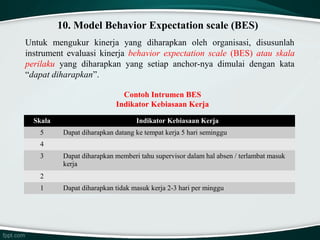 10. Model Behavior Expectation scale (BES)
Untuk mengukur kinerja yang diharapkan oleh organisasi, disusunlah
instrument evaluasi kinerja behavior  expectation  scale  (BES) atau  skala 
perilaku yang diharapkan yang setiap anchor-nya dimulai dengan kata
“dapat diharapkan”.
Contoh Intrumen BES
Indikator Kebiasaan Kerja
Skala
5

Indikator Kebiasaan Kerja
Dapat diharapkan datang ke tempat kerja 5 hari seminggu

4
3

Dapat diharapkan memberi tahu supervisor dalam hal absen / terlambat masuk
kerja

2
1

Dapat diharapkan tidak masuk kerja 2-3 hari per minggu

 