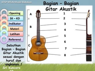 KTSP MTsN Model Babakan
                          Bagian – Bagian
                           Gitar Akustik
     Opening         A            1
      SK – KD                     2
     Indikator                    3
                     B
      Materi                      4
      Latihan
                                  5
     Referensi
                                  6
   Sebutkan     C
Bagian – Bagian                    7
 Gitar Akustik
                                  8
 sesuai dengan
   huruf dan
  angkanya…!
Sri Kuncoro
 