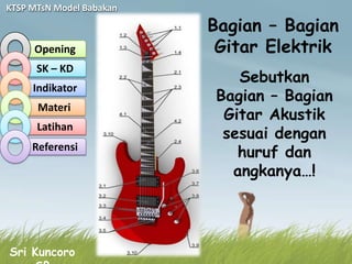 KTSP MTsN Model Babakan

                          Bagian – Bagian
     Opening               Gitar Elektrik
      SK – KD
                             Sebutkan
     Indikator
                          Bagian – Bagian
      Materi
                           Gitar Akustik
                           sesuai dengan
      Latihan
     Referensi
                             huruf dan
                            angkanya…!




Sri Kuncoro
 