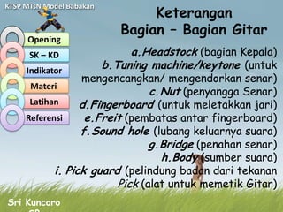 Keterangan
KTSP MTsN Model Babakan


                             Bagian – Bagian Gitar
     Opening
      SK – KD                  a.Headstock (bagian Kepala)
     Indikator
                          b.Tuning machine/keytone (untuk
                  mengencangkan/ mengendorkan senar)
      Materi
                                c.Nut (penyangga Senar)
      Latihan     d.Fingerboard (untuk meletakkan jari)
     Referensi     e.Freit (pembatas antar fingerboard)
                  f.Sound hole (lubang keluarnya suara)
                                g.Bridge (penahan senar)
                                  h.Body (sumber suara)
            i. Pick guard (pelindung badan dari tekanan
                         Pick (alat untuk memetik Gitar)
Sri Kuncoro
 