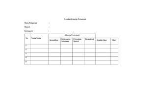 Lembar Kinerja Presentasi
Mata Pelajaran :
Materi :
Kelompok :
No Nama Siswa
Kinerja Presentasi
Kreatifitas
Kebenaran
Substansi
Penyajian
Materi
Demokrasi
Jumlah Skor Nilai
1
2
3
4
5
 