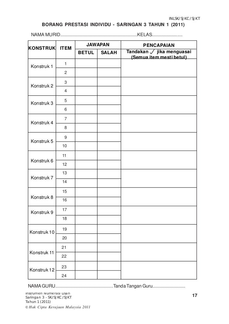 Instrumen numerasi lisan tahun 1 2011