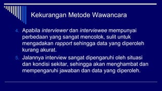 Kekurangan Metode Wawancara
4. Apabila interviewer dan interviewee mempunyai
perbedaan yang sangat mencolok, sulit untuk
mengadakan rapport sehingga data yang diperoleh
kurang akurat.
5. Jalannya interview sangat dipengaruhi oleh situasi
dan kondisi sekitar, sehingga akan menghambat dan
mempengaruhi jawaban dan data yang diperoleh.
 