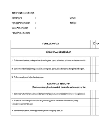 B) BorangSenaraiSemak

Namamurid                :                                    Umur:

TempatPemerhatian        :    ...