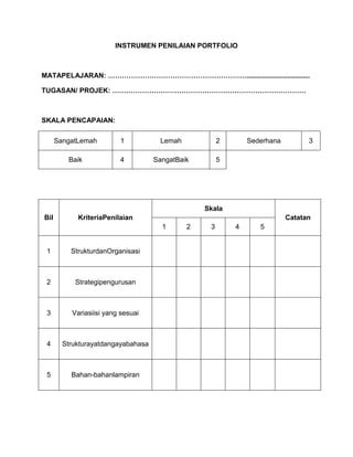 INSTRUMEN PENILAIAN PORTFOLIO



MATAPELAJARAN: …………………………………………………….................................

TUGASAN/ PROJEK: ……...
