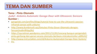 TEMA DAN SUMBER
Tema : Pintu Otomatis
Judul : Arduino Automatic Garage Door with Ultrasonic Sensors
Sumber :
• garagelab.com/profiles/blogs/tutorial-how-to-use-the-ultrasonic-passive-
infrared-sensor-with-arduino
• http://www.dumbmash.xyz/Simulasi-Pintu-Geser-Otomatis-dengan-
Sensor(mxXmRHpyj9o)
• https://syuratman.wordpress.com/2011/11/01/rancang-bangun-pengendali-
pintu-gerbang-dan-garasi-secara-otomatis-berbasis-mikrokontroller-at89s52/
• http://www.instructables.com/id/Arduino-Automated-Garage-Door-System/
• Etc.
 