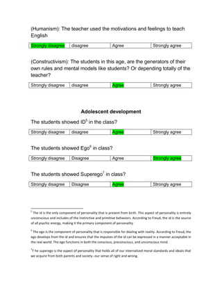 (Humanism): The teacher used the motivations and feelings to teach
English
Strongly disagree           disagree                    Agree                       Strongly agree


(Constructivism): The students in this age, are the generators of their
own rules and mental models like students? Or depending totally of the
teacher?
Strongly disagree           disagree                    Agree                       Strongly agree




                                  Adolescent development

The students showed ID5 in the class?
Strongly disagree           disagree                    Agree                       Strongly agree


The students showed Ego6 in class?
Strongly disagree           Disagree                    Agree                       Strongly agree


The students showed Superego7 in class?
Strongly disagree           Disagree                    Agree                       Strongly agree




5
 The id is the only component of personality that is present from birth. This aspect of personality is entirely
unconscious and includes of the instinctive and primitive behaviors. According to Freud, the id is the source
of all psychic energy, making it the primary component of personality.
6
 The ego is the component of personality that is responsible for dealing with reality. According to Freud, the
ego develops from the id and ensures that the impulses of the id can be expressed in a manner acceptable in
the real world. The ego functions in both the conscious, preconscious, and unconscious mind.
7
T he superego is the aspect of personality that holds all of our internalized moral standards and ideals that
we acquire from both parents and society--our sense of right and wrong.
 