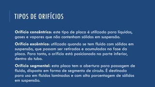 TIPOS DE ORIFÍCIOS
Orifício concêntrico: este tipo de placa é utilizado para líquidos,
gases e vapores que não contenham sólidos em suspensão.
Orifício excêntrico: utilizado quando se tem fluido com sólidos em
suspensão, que possam ser retirados e acumulados na fase da
placa. Para tanto, o orifício está posicionado na parte inferior,
dentro do tubo.
Orifício segmental: esta placa tem a abertura para passagem de
fluido, disposta em forma de segmento de círculo. É destinada
para uso em fluidos laminados e com alta porcentagem de sólidos
em suspensão.
 