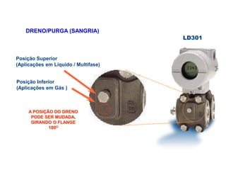 DRENO/PURGA (SANGRIA)
LD301
Posição Superior
(Aplicações em Líquido / Multifase)
Posição Inferior
(Aplicações em Gás )
A POSIÇÃO DO DRENO
PODE SER MUDADA,
GIRANDO O FLANGE
180O
 