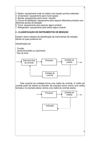 3
2. Reator: equipamento onde se realiza uma reação química ordenada
3. Compressor: equipamento para mover gases
4. Bomba: equipamento para mover líquidos
5. Coluna de destilação: equipamento para separar diferentes produtos com
diferentes pontos de ebulição
6. Forno: equipamento para aquecer algum produto
7. Refrigerador: equipamento para esfriar algum produto
2 - CLASSIFICAÇÃO DE INSTRUMENTOS DE MEDIÇÃO
Existem vários métodos de classificação de instrumentos de medição.
Dentre os quais podemos ter:
Classificação por:
- Função
- Sinal transmitido ou suprimento
- Tipo de sinal
Este conjunto de unidades forma uma malha de controle. A malha de
controle pode ser aberta ou fechada. No exemplo acima vemos uma malha
fechada e no exemplo abaixo vemos uma malha de controle aberta.
3
Elemento final
de controle
Unidade de
medida
Processo
Unidade de
controle
Unidade de
medida
Processo
Indicação
 