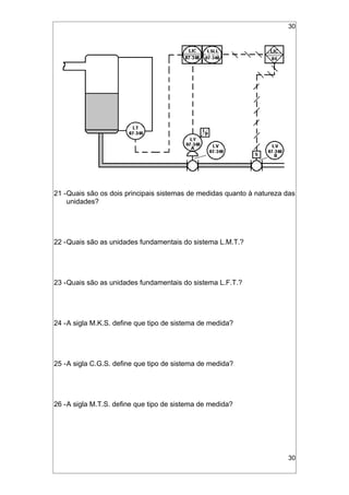 30
21 -Quais são os dois principais sistemas de medidas quanto à natureza das
unidades?
22 -Quais são as unidades fundamentais do sistema L.M.T.?
23 -Quais são as unidades fundamentais do sistema L.F.T.?
24 -A sigla M.K.S. define que tipo de sistema de medida?
25 -A sigla C.G.S. define que tipo de sistema de medida?
26 -A sigla M.T.S. define que tipo de sistema de medida?
30
 