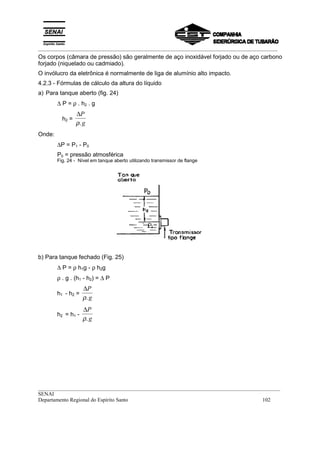 _________________________________________________________________________________________
__________________________________________________________________________________________
SENAI
Departamento Regional do Espírito Santo 102
Os corpos (câmara de pressão) são geralmente de aço inoxidável forjado ou de aço carbono
forjado (niquelado ou cadmiado).
O invólucro da eletrônica é normalmente de liga de alumínio alto impacto.
4.2.3 - Fórmulas de cálculo da altura do líquido
a) Para tanque aberto (fig. 24)
∆ P = ρ . h2 . g
h2 =
∆P
gρ.
Onde:
∆P = P1 - P0
P0 = pressão atmosférica
Fig. 24 - Nível em tanque aberto utilizando transmissor de flange
b) Para tanque fechado (Fig. 25)
∆ P = ρ h1g - ρ h2g
ρ . g . (h1 - h2) = ∆ P
h1 - h2 =
∆P
gρ.
h2 = h1 -
∆P
gρ.
 