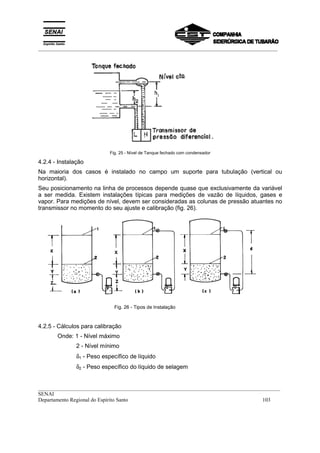_________________________________________________________________________________________
__________________________________________________________________________________________
SENAI
Departamento Regional do Espírito Santo 103
Fig. 25 - Nível de Tanque fechado com condensador
4.2.4 - Instalação
Na maioria dos casos é instalado no campo um suporte para tubulação (vertical ou
horizontal).
Seu posicionamento na linha de processos depende quase que exclusivamente da variável
a ser medida. Existem instalações típicas para medições de vazão de líquidos, gases e
vapor. Para medições de nível, devem ser consideradas as colunas de pressão atuantes no
transmissor no momento do seu ajuste e calibração (fig. 26).
Fig. 26 - Tipos de Instalação
4.2.5 - Cálculos para calibração
Onde: 1 - Nível máximo
2 - Nível mínimo
δ1 - Peso específico de líquido
δ2 - Peso específico do líquido de selagem
 