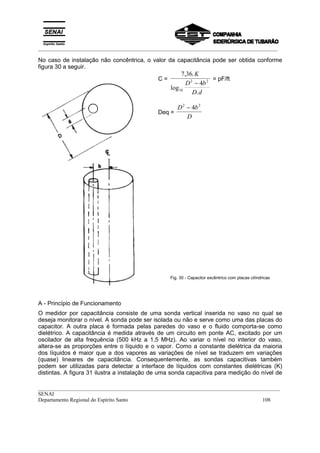 _________________________________________________________________________________________
__________________________________________________________________________________________
SENAI
Departamento Regional do Espírito Santo 108
No caso de instalação não concêntrica, o valor da capacitância pode ser obtida conforme
figura 30 a seguir.
C =
7 36
4
10
2 2
, .
log
.
K
D b
D d
−
= pF/ft
Deq =
D b
D
2 2
4−
Fig. 30 - Capacitor excêntrico com placas cilíndricas
A - Princípio de Funcionamento
O medidor por capacitância consiste de uma sonda vertical inserida no vaso no qual se
deseja monitorar o nível. A sonda pode ser isolada ou não e serve como uma das placas do
capacitor. A outra placa é formada pelas paredes do vaso e o fluido comporta-se como
dielétrico. A capacitância é medida através de um circuito em ponte AC, excitado por um
oscilador de alta frequência (500 kHz a 1,5 MHz). Ao variar o nível no interior do vaso,
altera-se as proporções entre o líquido e o vapor. Como a constante dielétrica da maioria
dos líquidos é maior que a dos vapores as variações de nível se traduzem em variações
(quase) lineares de capacitância. Consequentemente, as sondas capacitivas também
podem ser utilizadas para detectar a interface de líquidos com constantes dielétricas (K)
distintas. A figura 31 ilustra a instalação de uma sonda capacitiva para medição do nível de
 