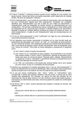 _________________________________________________________________________________________
__________________________________________________________________________________________
SENAI
Departamento Regional do Espírito Santo 13
9) O termo “indicador” é aplicável somente quando houver medição de uma variável. Um
ajuste manual, mesmo que tenha uma escala associada, porém desprovido de medição
de fato, não deve ser designado “indicador”.
10) Uma “lâmpada-piloto”, que é a parte de uma malha de instrumentos, deve ser designada
por uma “primeira-letra” seguida pela “letra subsequente”. Entretanto, se é desejado
identificar uma “lâmpada-piloto” que não é parte de uma malha de instrumentos, a
“lâmpada-piloto” pode ser designada da mesma maneira ou alternadamente por uma
simples letra L. Por exemplo: a lâmpada que indica a operação de um motor elétrico pode
ser designada com EL, assumindo que a tensão é a variável medida ou XL assumindo a
lâmpada é atuada por contatos elétricos auxiliares do sistema de partida do motor, ou
ainda simplesmente L. A ação de uma “lâmpada-piloto” pode ser acompanhada por um
sinal audível.
11) O uso da “letra-subsequente” U para “multifunção” em lugar de uma combinação de
outras letras funcionais é opcional.
12) Um dispositivo que conecta, desconecta ou transfere um ou mais circuitos pode ser,
dependendo das aplicações, uma “chave”, um “relé”, um “controlador de duas posições”,
ou uma “válvula de controle”. Se o dispositivo manipula uma corrente fluida de processo e
não é uma válvula de bloqueio comum atuada manualmente, deve ser designada como
uma “válvula de controle”. Para todas as outras aplicações o equipamento é designado
como:
a) uma “chave”, quando é atuado manualmente;
b) uma “chave” ou um “controlador de duas posições”, se é automático e se é atuado
pela variável medida. O termo “chave” é geralmente atribuído ao dispositivo que é
usado para atuar um circuito de alarme, “lâmpada piloto”, seleção, intertravamento
ou segurança. O termo “controlador” é geralmente atribuído ao equipamento que é
usado para operação de controle normal;
c) um “relé”, se é automático e não atuado pela variável medida, isto é, ele é atuado
por uma “chave” ou por um “controlador de duas posições”.
13) Sempre que necessário as funções associadas como o uso da “letra-subsequente” Y
devem ser definidas fora do círculo de identificação. Não é necessário esse procedimento
quando a função é por si só evidente, tal como no caso de uma válvula solenóide.
14) O uso dos termos modificadores “alto”, “baixo”, “médio” ou “intermediário”, deve
corresponder a valores das variáveis medidas e não dos sinais, a menos que de outra
maneira seja especificado. Por exemplo: um alarme de nível alto derivado de um
transmissor de nível de ação reversa é um LAH, embora o alarme seja atuado quando o
sinal alcança um determinado valor baixo. Os termos podem ser usados em combinações
apropriadas..
15) Os termos “alto” e “baixo”, quando aplicados para designar a posição de válvulas, são
definidos como:
alto
- denota que a válvula está em ou aproxima-se da posição totalmente aberta;
baixo
- denota que a válvula está em ou aproxima-se da posição totalmente fechada.
 