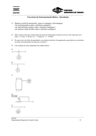 _________________________________________________________________________________________
__________________________________________________________________________________________
SENAI
Departamento Regional do Espírito Santo 33
Exercícios de Instrumentação Básica - Introdução
1) Quanto ao sinal de transmissão , quais as vantagens e desvantagens:
- do sinal pneumático sobre o eletrônico analógico?
- do sinal eletrônico digital sobre o eletrônico analógico?
- do sinal por ondas de rádio sobre o eletrônico analógico?
2) Qual o motivo para que a maior parte dos sinais de transmissão comecem com um valor maior que zero
(exp: 1~5 Volts , 4~20 mA, 0.2 ~ 1.0 kgf/cm2
, 3 ~ 15 PSI) ?
3) Por que existe um limite da quantidade ou resistência máxima, de equipamentos que podem ser conectados
em série (as transmissões de sinais por corrente) ?
4) Cite a função de cada componente das malhas abaixo:
a)
b)
c)
d)
e)
 