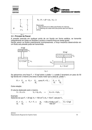 _________________________________________________________________________________________
__________________________________________________________________________________________
SENAI
Departamento Regional do Espírito Santo 38
Fig. 1
3.3 - Princípio de Pascal
A pressão exercida em qualquer ponto de um líquido em forma estática, se transmite
integralmente em todas as direções e produz a mesma força em áreas iguais.
Devido serem os fluidos praticamente incompressíveis, a força mecânica desenvolvida em
um fluido sob pressão pode ser transmitida.
Fig. 2
Se aplicarmos uma força F1 = 10 kgf sobre o pistão 1, o pistão 2 levantará um peso de 50
kgf devido ter o mesmo uma área 5 vezes maior que a área do pistão 1.
P1 = F1 e P2 = F2 como P1 = P2 ∴ F1 = F2
A1 A2 A1 A2
Outra relação:
O volume deslocado será o mesmo.
V1 = A1 x h1 V2 = A2 x h2 → A1 x h1 = A2h2
Exemplo:
Sabendo-se que F1 = 20 kgf, A1 = 100 cm2
e A2 = 10cm2
, calcular F2.
F1 = F2 ∴ F2 = F1 x A2 = 20 x 10 kfg x cm2
∴ F2 = 2 kgf
A1 A2 A1 100 cm2
P2 - P1 = ∆P = (h2 - h1) . δ
Observação
1. Este teorema só é válido para fluidos em repouso.
2. A diferença de cotas entre dois pontos deve ser feita na
vertical.
 