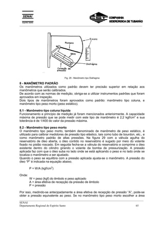_________________________________________________________________________________________
__________________________________________________________________________________________
SENAI
Departamento Regional do Espírito Santo 65
Fig. 29 - Manômetro tipo Diafragma
8 - MANÔMETRO PADRÃO
Os manômetros utilizados como padrão devem ter precisão superior em relação aos
manômetros que serão calibrados.
De acordo com as normas de medição, obriga-se a utilizar instrumentos padrões que foram
aprovados em inspeção.
Dois tipos de manômetros foram aprovados como padrão: manômetro tipo coluna, e
manômetro tipo peso morto (peso estático).
8.1 - Manômetro tipo coluna líquida
Funcionamento e princípio de medição já foram mencionados anteriormente. A capacidade
máxima de pressão que se pode medir com este tipo de manômetro é 2,2 kgf/cm2
e sua
tolerância é de 1/400 do valor da pressão máxima.
8.2 - Manômetro tipo peso morto
O manômetro tipo peso morto, também denominado de manômetro de peso estático, é
utilizado para calibrar medidores de pressão tipo elástico, tais como tubo de bourdon, etc., e
como manômetro padrão de altas pressões. Na figura 29 com a válvula agulha do
reservatório de óleo aberta, o óleo contido no reservatório é sugado por meio do volante
fixado no pistão roscado. Em seguida fecha-se a válvula do reservatório e comprime o óleo
existente dentro do cilindro girando o volante da bomba de pressurização. A pressão
aplicada faz com que o óleo suba no lado onde se está aplicando o peso e no lado onde se
localiza o manômetro a ser ajustado.
Quando o peso se equilibra com a pressão aplicada ajusta-se o manômetro. A pressão do
óleo “P” é indicada na equação abaixo.
P = W/A (kgf/cm2
)
Onde:
W = peso (kgf) do êmbolo e peso aplicado
A = área efetiva de recepção da pressão de êmbolo
P = pressão
Por isso, medindo-se antecipadamente a área efetiva de recepção de pressão “A”, pode-se
obter a pressão equivalente ao peso. Se no manômetro tipo peso morto escolher a área
 