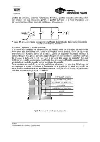 _________________________________________________________________________________________
__________________________________________________________________________________________
SENAI
Departamento Regional do Espírito Santo 72
Cristais de turmalina, cerâmica Policristalina Sintética, quartzo e quartzo cultivado podem
ser utilizado na sua fabricação, porém o quartzo cultivado é o mais empregado por
apresentar características ideais de elasticidade e linearidade.
A figura 34, a seguir, mostra o diagrama simplificado da construção do sensor piezoelétrico.
Fig. 34 - Construção Sensor Piezoelétrico
c) Sensor Capacitivo (Célula Capacitiva)
É o sensor mais utilizado em transmissores de pressão. Nele um diafragma de medição se
move entre dois diafragmas fixos. Entre os diafragmas fixos e o móvel, existe um líquido de
enchimento que funciona como um dielétrico. Como um capacitor de placas paralelas é
constituídos por duas placas paralelas separadas por um meio dielétrico, ao sofrer o esforço
de pressão, o diafragma móvel (que vem a ser uma das placas do capacitor) tem sua
distância em relação ao diafragma modificada. Isso provoca modificação na capacitância de
um circuito de medição, e então tem-se a medição de pressão.
Para que ocorra a medição, o circuito eletrônico é alimentado por um sinal AC através de
um oscilador e então modula-se a freqüência ou a amplitude do sinal em função da
variação de pressão para se ter a saída em corrente ou digital. Como líquido de enchimento
utiliza-se normalmente glicerina, ou fluor-oil.
Fig. 35 - Transmissor de pressão tipo célula capacitiva
 
