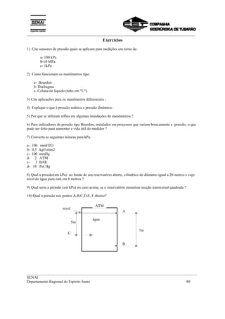 _________________________________________________________________________________________
__________________________________________________________________________________________
SENAI
Departamento Regional do Espírito Santo 80
Exercícios
1) Cite sensores de pressão quais se aplicam para medições em torno de:
a- 100 kPa
b-10 MPa
c- 1kPa
2) Como funcionam os manômetros tipo:
a- Bourdon
b- Diafragma
c- Coluna de líquido (tubo em "U")
3) Cite aplicações para os manômetros diferenciais :
4) Explique o que é pressão estática e pressão dinâmica :
5) Por que se utilizam sifões em algumas instalações de manômetros ?
6) Para indicadores de pressão tipo Bourdon, instalados em processos que variam bruscamente a pressão, o que
pode ser feito para aumentar a vida útil do medidor ?
7) Converta as seguintes leituras para kPa.
a- 100 mmH2O
b- 0,5 kgf/cmm2
c- 100 mmHg
d- 2 ATM
c- 3 BAR
d- 10 Pol Hg
8) Qual a pressão(em kPa) no fundo de um reservatório aberto, cilíndrico de diâmetro igual a 20 metros e cujo
nível de água pura está em 8 metros ?
9) Qual seria a pressão (em kPa) no caso acima, se o reservatório possuísse secção transversal quadrada ?
10) Qual a pressão nos pontos A,B,C,D,E, F abaixo?
7m
água
nível
A
B
ATM
5m
C
 