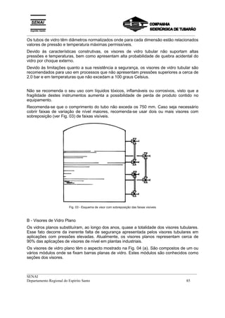 _________________________________________________________________________________________
__________________________________________________________________________________________
SENAI
Departamento Regional do Espírito Santo 85
Os tubos de vidro têm diâmetros normalizados onde para cada dimensão estão relacionados
valores de pressão e temperatura máximas permissíveis.
Devido às características construtivas, os visores de vidro tubular não suportam altas
pressões e temperaturas, bem como apresentam alta probabilidade de quebra acidental do
vidro por choque externo.
Devido às limitações quanto a sua resistência a segurança, os visores de vidro tubular são
recomendados para uso em processos que não apresentam pressões superiores a cerca de
2,0 bar e em temperaturas que não excedam a 100 graus Celsius.
Não se recomenda o seu uso com líquidos tóxicos, inflamáveis ou corrosivos, visto que a
fragilidade destes instrumentos aumenta a possibilidade de perda de produto contido no
equipamento.
Recomenda-se que o comprimento do tubo não exceda os 750 mm. Caso seja necessário
cobrir faixas de variação de nível maiores, recomenda-se usar dois ou mais visores com
sobreposição (ver Fig. 03) de faixas visíveis.
Fig. 03 - Esquema de visor com sobreposição das faixas visíveis
B - Visores de Vidro Plano
Os vidros planos substituíram, ao longo dos anos, quase a totalidade dos visores tubulares.
Esse fato decorre da inerente falta de segurança apresentada pelos visores tubulares em
aplicações com pressões elevadas. Atualmente, os visores planos representam cerca de
90% das aplicações de visores de nível em plantas industriais.
Os visores de vidro plano têm o aspecto mostrado na Fig. 04 (a). São compostos de um ou
vários módulos onde se fixam barras planas de vidro. Estes módulos são conhecidos como
seções dos visores.
 