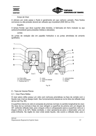 _________________________________________________________________________________________
__________________________________________________________________________________________
SENAI
Departamento Regional do Espírito Santo 87
Corpo de Visor
A câmara por onde passa o fluido é geralmente em aço carbono usinado. Para fluidos
corrosivos ou alta pressão deverá ser utilizado aço inoxidável (AISI 304 ou 316).
Espelho
A tampa frontal, que deve suportar altas tensões, é fabricada em ferro modular ou aço
carbono/inoxidável (para pressões médias e elevadas).
Juntas
As juntas de vedação são em papelão hidráulico e as juntas almofadas de amianto
(grafitado).
( a ) Visor reflex 2 - corpo 5 - Junta almofada
( b ) Visor transparente 3 - Junta de vedação 6 - Espelho
1 - Parafuso tipo “U” 4 - Vidro 7 - Porca
Fig. 05
C - Tipos de Visores Planos
C.1 - Visor Plano Reflex
O visor plano reflex possui um vidro com ranhuras prismáticas na face de contato com o
líquido cujo nível se deseja medir. Seu funcionamento baseia-se na lei ótica da reflexão total
da luz (ver Fig. 06).
A superfície interna do vidro é composta de prismas normais no sentido longitudinal do visor.
Os raios de luz normais à face do visor atingem a superfície do prisma com um ângulo de
45º, sofrendo reflexão total, pois o ângulo crítico é ultrapassado (para a superfície vidro-ar o
ângulo crítico é de 42º). Nesta condição, o visor apresenta-se para o observador uma cor
prata brilhante. Na região do visor onde existe líquido, não ocorre a reflexão total, pois o
 