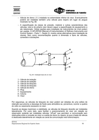 _________________________________________________________________________________________
__________________________________________________________________________________________
SENAI
Departamento Regional do Espírito Santo 90
− Válvula de dreno ( 5 ) instalada na extremidade inferior do visor. Eventualmente
poderá ser instalada também uma válvula para respiro em lugar do plugue
mostrado na Fig. 08.
− A especificação da classe de pressão, material e outras características das
válvulas, tubo e do próprio visor devem seguir a especificação do equipamento a
ele relacionado. Várias opções para instalação de instrumentos de nível podem
ser usadas. O API-RP550 (Manual of Instrumentation of Refinery Instruments and
Control System - Parte 1 - Seção 2), mostra várias alternativas para instalação de
visores, bem como recomendações quanto à dimensão e tipos de válvulas,
conexões e tubulações.
Fig. 08 - Instalação típica de um visor
1 - Válvula de isolação
2 - Válvula de isolação
3 - Válvula de bloqueio
4 - Válvula de bloqueio
5 - Válvula de dreno
6 - Plug
7 - Equipamento
8 - Coluna
9 - Visor
Por segurança, as válvulas de bloqueio do visor podem ser dotadas de uma esfera de
retenção que previna a descarga de fluido para atmosfera se, porventura, ocorrer a quebra
do vidro ou vazamento excessivo no visor.
Quando se deseja maximizar a viabilidade, as válvulas de bloqueio deverão ser instaladas
lateralmente. Por outro lado, para facilitar o posicionamento do visor em relação ao
observador poderão ser instaladas válvulas “off-set” que permitem a comunicação sem
obstruções entre a conexão ao visor e a saída de dreno ou respiro, já que a haste da válvula
é deslocada lateralmente em relação ao canal de comunicação visor-dreno/respiro.
 