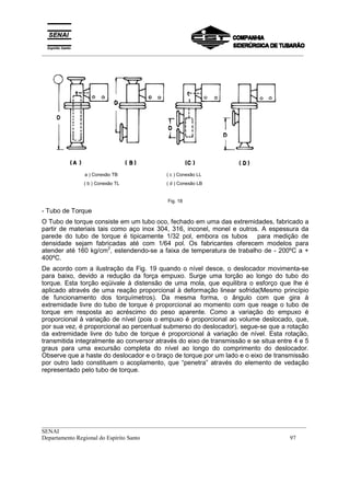 _________________________________________________________________________________________
__________________________________________________________________________________________
SENAI
Departamento Regional do Espírito Santo 97
a ) Conexão TB ( c ) Conexão LL
( b ) Conexão TL ( d ) Conexão LB
Fig. 18
- Tubo de Torque
O Tubo de torque consiste em um tubo oco, fechado em uma das extremidades, fabricado a
partir de materiais tais como aço inox 304, 316, inconel, monel e outros. A espessura da
parede do tubo de torque é tipicamente 1/32 pol, embora os tubos para medição de
densidade sejam fabricadas até com 1/64 pol. Os fabricantes oferecem modelos para
atender até 160 kg/cm2
, estendendo-se a faixa de temperatura de trabalho de - 200ºC a +
400ºC.
De acordo com a ilustração da Fig. 19 quando o nível desce, o deslocador movimenta-se
para baixo, devido a redução da força empuxo. Surge uma torção ao longo do tubo do
torque. Esta torção eqüivale à distensão de uma mola, que equilibra o esforço que lhe é
aplicado através de uma reação proporcional à deformação linear sofrida(Mesmo princípio
de funcionamento dos torquímetros). Da mesma forma, o ângulo com que gira à
extremidade livre do tubo de torque é proporcional ao momento com que reage o tubo de
torque em resposta ao acréscimo do peso aparente. Como a variação do empuxo é
proporcional à variação de nível (pois o empuxo é proporcional ao volume deslocado, que,
por sua vez, é proporcional ao percentual submerso do deslocador), segue-se que a rotação
da extremidade livre do tubo de torque é proporcional à variação de nível. Esta rotação,
transmitida integralmente ao conversor através do eixo de transmissão e se situa entre 4 e 5
graus para uma excursão completa do nível ao longo do comprimento do deslocador.
Observe que a haste do deslocador e o braço de torque por um lado e o eixo de transmissão
por outro lado constituem o acoplamento, que “penetra” através do elemento de vedação
representado pelo tubo de torque.
 