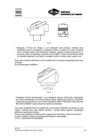 __________________________________________________________________________________
__________________________________________________________________________________
SENAI
Departamento Regional do Espírito Santo 130
Fig. 44
- Cabeçote à Prova de Tempo, é um cabeçote mais robusto, indicado para
ambientes onde é necessário a proteção contra os efeitos do meio ambiente
como umidade, gases não inflamáveis, poeiras, vapores e altas temperaturas, à
prova de poeira e respingos conforme norma ABNT. Possui internamente juntas
de vedação (gaxetas), que fazem a vedação contra o tempo, vapor, gases e pó.
Seu corpo é feito de alumínio ou ferro fundido com sua tampa rosqueada para maior
proteção.
Sua classificação é NEMA 4.
Fig. 45
- Cabeçote à Prova de Explosão, é um Cabeçote robusto, destinado a aplicações
em áreas classificadas ou locais contendo gases inflamáveis sujeitos a explosão.
Construídos de acordo com as normas brasileiras ABNT P-EB-239 e internacionais
NEC 500 e NEMA 7 para invólucros à prova de explosão.
Tem como finalidade limitar os efeitos de uma eventual explosão ou incêndio no seu
interior, evitando que seus efeitos venham a atingir áreas seguras, instalações
elétricas e painéis de controle
Possui uma resistência mecânica bem superior aos anteriores, corpo em alumínio
ou ferro fundido e tampa rosqueada para facilitar a manutenção.
11.9.4 - Conectores Compensados
 