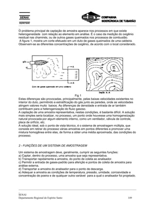_________________________________________________________________________________________
_
_________________________________________________________________________________________
_
SENAI
Departamento Regional do Espírito Santo 149
O problema principal de captação de amostra aparece nos processos em que existe
heterogeneidade com relação ao elemento em análise. É o caso da medição do oxigênio
residual nas chaminés, ou de outros gases queimados nos processos de combustão.
A figura 1, mostra um corte efetuado em um duto de gases queimados de uma caldeira.
Observam-se as diferentes concentrações de oxigênio, de acordo com o local considerado.
Fig 1
Estas diferenças são provocadas, principalmente, pelas baixas velocidades existentes no
interior do duto, permitindo a estratificação do gás junto as paredes, onde as velocidades
atingem valores muito baixos. As diferenças de densidade e entrada de ar também
contribuem para a heterogenização do fluxo gasoso.
A captação de uma amostra representativa, nestas condições, é bastante difícil. A solução
mais simples seria localizar, no processo, um ponto onde houvesse uma homogeneização
natural provocada por algum elemento interno, como um ventilador, válvula de controle,
placa de orifício, etc.
A solução ideal, sob o ponto de vista técnico, é o sistema de amostragem múltipla, que
consiste em retirar do processo várias amostras em pontos diferentes e promover uma
mistura homogênea entre elas, de forma a obter uma média aproximada, das condições do
processo.
2 - FUNÇÕES DE UM SISTEMA DE AMOSTRAGEM
Um sistema de amostragem deve, geralmente, cumprir as seguintes funções:
a) Captar, dentro do processo, uma amostra que seja representativa.
b) Transportar rapidamente a amostra, do ponto de coleta ao analisador.
c) Permitir a entrada de gases-padrão para aferição e pontos de coleta de amostra para
análise externa.
d) Transportar a amostra do analisador para o ponto de descarga.
e) Adequar a amostra as condições de temperatura, pressão, umidade, corrosividade e
concentração de poeira e de qualquer outra variável para a qual o analisador foi projetado.
 
