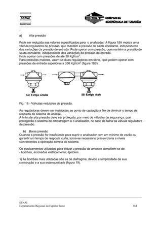 _________________________________________________________________________________________
_
_________________________________________________________________________________________
_
SENAI
Departamento Regional do Espírito Santo 164
a) Alta pressão
Pode ser reduzida aos valores especificados para o analisador. A figura 18A mostra uma
válvula reguladora de pressão, que mantém a pressão de saída constante, independente
das variações da pressão de entrada. Pode operar com pressão, que mantém a pressão de
saída constante, independente das variações da pressão de entrada.
Pode operar com pressões de até 30 Kgf/cm
2
.
Para pressões maiores, usam-se duas reguladoras em série, que podem operar com
pressões de entrada superiores a 350 Kgf/cm
2
(figura 18B).
Fig. 18 - Válvulas redutoras de pressão.
As reguladoras devem ser instaladas ao ponto de captação a fim de diminuir o tempo de
resposta do sistema de análise.
A linha de alta pressão deve ser protegida, por meio de válvulas de segurança, que
protegerão o sistema de amostragem e o analisador, no caso de falha da válvula reguladora
de pressão.
b) Baixa pressão
Quando a pressão for insuficiente para suprir o analisador com um mínimo de vazão ou
garantir um tempo de resposta curto, torna-se necessário pressuriza-la a níveis
convenientes a operação correta do sistema.
Os equipamentos utilizados para elevar a pressão da amostra compõem-se de:
- bombas, acionadas eletricamente; ejetores.
1) As bombas mais utilizadas são as de diafragma, devido a simplicidade de sua
construção e a sua estanqueidade (figura 19).
 