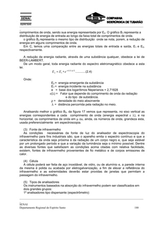 _________________________________________________________________________________________
_
_________________________________________________________________________________________
_
SENAI
Departamento Regional do Espírito Santo 188
comprimentos de onda, sendo sua energia representada por E2. O gráfico B1 representa a
distribuição de energia de entrada ao longo da faixa total de comprimentos de onda.
o gráfico B2 representa o mesmo tipo de distribuição onde se nota, porem, a redução de
energia em alguns comprimentos de onda.
Em C, temos uma comparação entre as energias totais de entrada e saída, E1 e E2,
respectivamente.
A redução da energia radiante, através de uma substância qualquer, obedece a lei de
BEER-LAMBERT.
De um modo geral, toda energia radiante do espectro eletromagnético obedece a esta
lei.
λ.).(
12
ρλε−
∗= eEE ............(2.4)
Onde:
E2 = energia emergente da substância
E1 = energia incidente na substância
e = base dos logarítimos Neperianos = 2,71828
ε(λ) = Fator que depende do comprimento de onda da radiação
e do tipo de substância.
ρ = densidade do meio absorvente
λ = distância percorrida pela radiação no meio.
Analisando melhor o gráfico B2, da figura 17 vemos que representa, no eixo vertical as
energias correspondentes a cada comprimento de onda (energia espectral ε λ), e na
horizontal, os comprimentos de onda em µ ou, ainda, os números de onda, grandeza esta,
usada preferencialmente em espectroscopia.
(3) Fonte de infravermelho
As condições necessárias da fonte de luz do analisador de espectroscopia do
infravermelho para fins industriais são, que o aparelho emita o espectro contínuo e que a
característica da onda seja próxima à da radiação de um corpo negro e, que seja estável
por um prolongado período e que a variação da luminância seja o mínimo possível. Dentre
as diversas fontes que satisfazem as condições acima citadas com relativa facilidade,
existem, fontes de infravermelho provenientes de fio metálico e de corpos emissores de
calor.
(4) Célula
A célula poderá ser feita de aço inoxidável, de vidro, ou de alumínio e, a parede interna
da mesma é polida ou acabada por eletrogalvanização, a fim de elevar a refletância do
infravermelho e as extremidades deverão estar providas de janelas que permitam a
passagem do infravermelho.
(5) Tipos de analisadores
Os instrumentos baseados na absorção do infravermelho podem ser classificados em
dois grandes grupos:
1º analisadores tipo dispersante (espectrômetro)
 