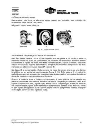 __________________________________________________________________________________
__________________________________________________________________________________
SENAI
Departamento Regional do Espírito Santo 82
4 - Tipos de elemento sensor
Basicamente, três tipos de elemento sensor podem ser utilizados para medição de
temperatura neste tipo de instrumento.
A figura 05 mostra estes três tipos.
Helicoidal C Espiral
Fig. 05 - Tipos de elemento sensor
5 - Sistema de compensação da temperatura ambiente
Pelo fato deste sistema utilizar líquido inserido num recipiente e da distância entre o
elemento sensor e o bulbo ser considerável, as variações na temperatura ambiente afetam
não somente o líquido no bulbo, mas todo o sistema (bulbo, capilar e sensor), causando
erro de indicação ou registro. Este efeito da temperatura ambiente é compensado de duas
maneiras que são denominadas classe ΙA e classe ΙB.
Na classe ΙB a compensação é feita somente na caixa do sensor através de uma lâmina
bimetálica ou um espiral de compensação (figura 6 (b)). Este sistema é normalmente
preferido por ser mais simples e ter respostas mais rápidas, porém, o comprimento máximo
do capilar desse tipo é aproximadamente 6 metros.
Quando a distância entre o bulbo e o instrumento é muito grande, ou se deseja alta
precisão, utilizam-se instrumentos da classe ΙA onde a compensação é feita na caixa e no
capilar (compensação total) (figura 6 (a)). Neste caso a compensação é feita por meio de
um segundo capilar, ligado a um elemento de compensação idêntico ao da medição, sendo
os dois ligados em oposição. Este segundo capilar tem seu comprimento idêntico ao capilar
de medição, porém não está ligado ao bulbo.
 