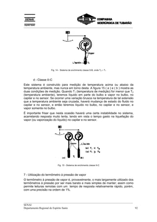 __________________________________________________________________________________
__________________________________________________________________________________
SENAI
Departamento Regional do Espírito Santo 92
Fig. 14 - Sistema de enchimento classe ΙΙ-B, onde T2 > T1
d - Classe ΙΙ-C
Este sistema é construído para medição de temperatura acima ou abaixo da
temperatura ambiente, mas nunca em torno desta. A figura 15 ( a ) e ( b ) mostra as
duas condições de medição. Quando T1 (temperatura de medição) for menor que T2
(temperatura ambiente), teremos líquido em parte do bulbo e vapor no bulbo, no
capilar e no sensor. Se ocorrer uma variação brusca na temperatura de tal extensão
que a temperatura ambiente seja cruzada, haverá mudança de estado do fluido no
capilar e no sensor, e então teremos líquido no bulbo, no capilar e no sensor, e
vapor somente no bulbo.
É importante frisar que nesta ocasião haverá uma certa instabilidade no sistema,
acarretando resposta muito lenta, tendo em vista o tempo gasto na liquefação do
vapor (ou vaporização do líquido) no capilar e no sensor.
Fig. 15 - Sistema de enchimento classe ΙΙ-C
7 - Utilização do termômetro à pressão de vapor
O termômetro à pressão de vapor é, provavelmente, o mais largamente utilizado dos
termômetros à pressão por ser mais barato e mais simples de manter; assim como
permite leituras remotas com um tempo de resposta relativamente rápido, porém,
com uma precisão na ordem de 1%.
 