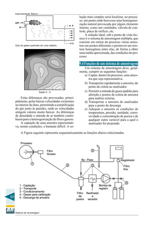 62
Instrumentação Básica
Duto de gases queimado em uma caldeira.
Estas diferenças são provocadas, princi-
palmente, pelas baixas velocidades existentes
no interior do duto, permitindo a estratificação
do gás junto às paredes, onde as velocidades
atingem valores muito baixos. As diferenças
de densidade e entrada de ar também contri-
buem para a heterogenização do fluxo gasoso.
A captação de uma amostra representati-
va, nestas condições, e bastante difícil. A so-
Seção A - A
lução mais simples seria localizar, no proces-
so, um ponto onde houvesse uma homogenei-
zação natural provocada por algum elemento
interno, como um ventilador, válvula de con-
trole, placa de orifício, etc.
A solução ideal, sob o ponto de vista téc-
nico é o sistema de amostragem múltipla, que
consiste em retirar do processo várias amos-
tras em pontos diferentes e promover um mis-
tura homogênea entre elas, de forma a obter
uma média aproximada, das condições do pro-
cesso.
9.4Funçõesdeumsistemadeamostragem
Um sistema de amostragem deve, geral-
mente, cumprir as seguintes funções:
a) Captar, dentro do processo, uma amos-
tra que seja representativa.
b) Transportar rapidamente a amostra, do
ponto de coleta ao analisador.
c) Permitir a entrada de gases-padrão para
aferição e pontos de coleta de amostra
para análise externa.
d) Transportar a amostra do analisador
para o ponto de descarga.
e) Adequar a amostra as condições de
temperatura, pressão, umidade, corro-
sividade e concentração de poeira e de
qualquer outra variável para a qual o
analisador foi projetado.
A Figura seguinte representa esquematicamente as funções abaixo relacionadas.
Sistema de amostragem.
 