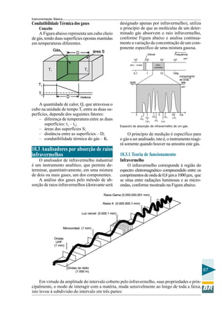 Instrumentação Básica
67
A quantidade de calor, Q, que atravessa o
cubo na unidade de tempo T, entre as duas su-
perfícies, depende dos seguintes fatores:
– diferença de temperatura entre as duas
superfícies: t1 – t2;
– áreas das superfícies S;
– distância entre as superfícies – D;
– condutibilidade térmica do gás – K.
10.3 Analisadores por absorção de raios
infravermelhos
O analisador de infravermelho industrial
é um instrumento analítico, que permite de-
terminar, quantitativamente, em uma mistura
de dois ou mais gases, um dos componentes.
A análise dos gases pelo método de ab-
sorção de raios infravermelhos (doravante será
Espectro de absorção de infravermelho de um gás.
O princípio de medição é específico para
o gás a ser analisado, isto é, o instrumento reagi-
rá somente quando houver na amostra este gás.
10.3.1 Teoria de funcionamento
Infravermelho
O infravermelho corresponde à região do
espectro eletromagnético compreendido entre os
comprimentosdeondade0,8 µma1000µm, que
se situa entre radiações luminosas e as micro-
ondas, conforme mostrado na Figura abaixo.
Em virtude da amplitude do intervalo coberto pelo infravermelho, suas propriedades e prin-
cipalmente, o modo de interagir com a matéria, muda sensivelmente ao longo de toda a faixa,
isto levou à subdivisão do intervalo em três partes:
Condutibilidade Térmica dos gases
Conceito
A Figura abaixo representa um cubo cheio
de gás, tendo duas superfícies opostas mantidas
em temperaturas diferentes.
designado apenas por infravermelho), utiliza
o princípio de que as moléculas de um deter-
minado gás absorvem o raio infravermelho,
conforme Figura abaixo e analisa continua-
mente a variação da concentração de um com-
ponente específico de uma mistura gasosa.
 