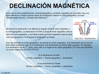 DECLINACIÓN MAGNÉTICA
Como se ha dicho anteriormente, el Norte geográfico y el Norte magnético no coinciden, hay una
ligera diferencia. Puesto que las cartas de navegación indican el rumbo geográfico, se hace
indispensable conocer y corregir esta diferencia.
Se denomina declinación a la diferencia angular entre el norte magnético y
el norte geográfico. La declinación es Este cuando el norte magnético está al
este del norte geográfico, y es Oeste cuando el norte magnético está al oeste
del norte geográfico. En España la declinación es Oeste.
Una vez obtenido el rumbo geográfico, se calcula el rumbo magnético: si la declinación de la zona es
Este debe restarse el valor de la declinación; si la declinación es Oeste debe sumarse. Por ejemplo,
si la declinación es de 5º Oeste, para volar a un lugar en el rumbo geográfico 210º hay que mantener
un rumbo magnético de 210º+5º=215º.
Si la declinación es Este:
Rumbo magnético = Rumbo geográfico – declinación
Si la declinación es Oeste:
Rumbo magnético = Rumbo geográfico + declinación
 
