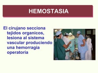 El cirujano secciona tejidos organicos, lesiona al sistema vascular produciendo una hemorragia operatoria HEMOSTASIA 
