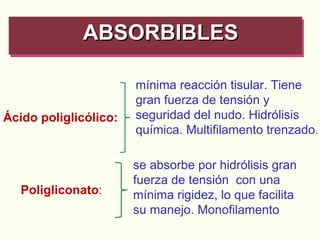 ABSORBIBLES   Ácido poliglicólico:  mínima reacción tisular. Tiene gran fuerza de tensión y seguridad del nudo. Hidrólisis química. Multifilamento trenzado . Poligliconato : se absorbe por hidrólisis gran fuerza de tensión  con una mínima rigidez, lo que facilita su manejo. Monofilamento 