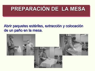 Abrir paquetes estériles, extracción y colocación de un paño en la mesa. PREPARACIÓN DE  LA MESA   