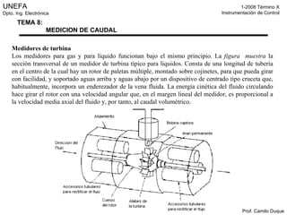 Medidores de turbina Los medidores para gas y para líquido funcionan bajo el mismo principio. La  figura  muestra  la sección transversal de un medidor de turbina típico para líquidos. Consta de una longitud de tubería en el centro de la cual hay un rotor de paletas múltiple, montado sobre cojinetes, para que pueda girar con facilidad, y soportado aguas arriba y aguas abajo por un dispositivo de centrado tipo cruceta que, habitualmente, incorpora un enderezador de la vena fluida. La energía cinética del fluido circulando hace girar el rotor con una velocidad angular que, en el margen lineal del medidor, es proporcional a la velocidad media axial del fluido y, por tanto, al caudal volumétrico. 