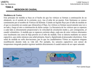 Medidores de Vortex Este principio de medida se basa en el hecho de que los vórtices se forman a continuación de un obstáculo, en el sentido de la corriente, p.ej., tras el pilar de un puente. Este fenómeno se conoce comúnmente por el nombre de Vórtices de Kármán. Cuando un líquido fluye por el tubo de medida en el que se encuentra un cuerpo que obstaculiza el flujo, los vórtices se forman sucesivamente una vez a un lado y luego al otro a continuación de dicho cuerpo. La frecuencia de los vórtices que se esparcen a cada lado es directamente proporcional a la velocidad de circulación media y, por consiguiente, al caudal volumétrico. A medida que se esparcen corriente abajo, cada uno de estos vórtices alternantes crea localmente una zona de baja presión en el tubo de medida. Ésta se detecta mediante un sensor capacitivo, que emite entonces una señal primaria, lineal y digitalizada al procesador electrónico. Esta señal de medida no sufre desviaciones, por lo que los caudalímetros Vórtex no requieren ninguna recalibración durante toda su vida útil. Por ejemplo, los sensores capacitivos con sensor de temperatura integrado pueden registrar también directamente el caudal másico de un vapor saturado. 