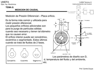Medición de Presión Diferencial – Placa orificio. Es la forma más común y utilizada para medir presión diferencial. Los pequeños orificios adicionales son  para la purga de partículas sólidas  cuando sea necesario y tienen tal diámetro  que no causen error. El orificio interior puede ser concéntrico, excéntrico o segmentado. Estos últimos cuando se trata de fluidos de 2 fases. Los parámetros de diseño son D,   d, temperatura del fluido y del ambiente,  etc. 
