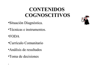 CONTENIDOS  COGNOSCITIVOS Situación Diagnóstica. Técnicas e instrumentos. FODA Currículo Comunitario Análisis de resultados Toma de decisiones . 