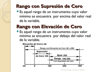 Rango con Supresión de Cero
Es aquel rango de un instrumento cuyo valor
 mínimo se encuentra por encima del valor real
 de la variable.
Rango con Elevación de Cero
Es aquel rango de un instrumento cuyo valor
 mínimo se encuentra por debajo del valor real
 de la variable.




                           Instrumentación y Control. Unidad I
 
