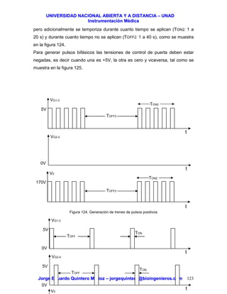 UUNNIIVVEERRSSIIDDAADD NNAACCIIOONNAALL AABBIIEERRTTAA YY AA DDIISSTTAANNCCIIAA –– UUNNAADD
IInnssttrruummeennttaacciióónn MMééddiiccaa
JJoorrggee EEdduuaarrddoo QQuuiinntteerroo MMuuññoozz –– jjoorrggeeqquuiinntteerroo@@bbiiooiinnggeenniieerrooss..ccoomm 123
pero adicionalmente se temporiza durante cuanto tiempo se aplican (TON2: 1 a
20 s) y durante cuanto tiempo no se aplican (TOFF2: 1 a 40 s), como se muestra
en la figura 124.
Para generar pulsos bifásicos las tensiones de control de puerta deben estar
negadas, es decir cuando una es +5V, la otra es cero y viceversa, tal como se
muestra en la figura 125.
Figura 124. Generación de trenes de pulsos positivos
t
5V
VG1-3
t
VG2-4
0V
170V
V0
t
TOFF2
TOFF2
TON2
TON2
t
VG1-3
t
VG2-4
V0
5V
TOFF
TON
0V
5V
TOFF
TON
0V
 