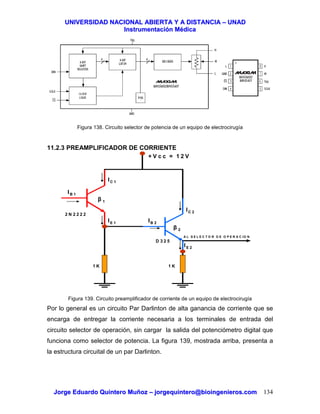 UUNNIIVVEERRSSIIDDAADD NNAACCIIOONNAALL AABBIIEERRTTAA YY AA DDIISSTTAANNCCIIAA –– UUNNAADD
IInnssttrruummeennttaacciióónn MMééddiiccaa
JJoorrggee EEdduuaarrddoo QQuuiinntteerroo MMuuññoozz –– jjoorrggeeqquuiinntteerroo@@bbiiooiinnggeenniieerrooss..ccoomm 134
Figura 138. Circuito selector de potencia de un equipo de electrocirugía
11.2.3 PREAMPLIFICADOR DE CORRIENTE
Figura 139. Circuito preamplificador de corriente de un equipo de electrocirugía
Por lo general es un circuito Par Darlinton de alta ganancia de corriente que se
encarga de entregar la corriente necesaria a los terminales de entrada del
circuito selector de operación, sin cargar la salida del potenciómetro digital que
funciona como selector de potencia. La figura 139, mostrada arriba, presenta a
la estructura circuital de un par Darlinton.
+ V c c = 1 2 V
IB 1
IE 1
IC 1
IB 2
IC 2
β 1
β 2
2 N 2 2 2 2
D 3 2 5
1 K1 K
IE 2
A L S E L E C T O R D E O P E R A C IO N
 