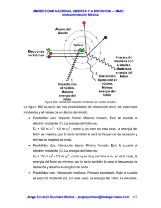 UUNNIIVVEERRSSIIDDAADD NNAACCIIOONNAALL AABBIIEERRTTAA YY AA DDIISSTTAANNCCIIAA –– UUNNAADD
IInnssttrruummeennttaacciióónn MMééddiiccaa
JJoorrggee EEdduuaarrddoo QQuuiinntteerroo MMuuññoozz –– jjoorrggeeqquuiinntteerroo@@bbiiooiinnggeenniieerrooss..ccoomm 157
Figura 162. Interacción electrón incidente con núcleo anódico
La figura 162 muestra las tres posibilidades de interacción entre los electrones
incidentes y el núcleo de un átomo del ánodo:
• Posibilidad uno: Impacto frontal. Máximo frenado. Esto le sucede al
electrón incidente (1). La energía del fotón es:
EF = 1/2 m v1
2
- 1/2 m v2
2
; como v2 es cero en este caso, la energía del
fotón es máxima, por lo tanto también lo será la frecuencia de radiación y
mínima la longitud de onda.
• Posibilidad dos: Interacción lejana. Mínimo frenado. Esto le sucede al
electrón incidente (3). La energía del fotón es:
EF = 1/2 m v1
2
- 1/2 m v2
2
; como v2 es muy cercana a v1 en este caso, la
energía del fotón es mínima, por lo tanto también lo será la frecuencia de
radiación y máxima la longitud de onda.
• Posibilidad tres: Interacción mediana. Frenado moderado. Esto le sucede
al electrón incidente (2). En este caso, la energía del fotón es mediana,
Átomo del
Ánodo
Electrones
incidentes
Impacto con
el núcleo.
Máxima
energía del
fotón
Interacción
lejana con el
núcleo.
Mínima
energía del
fotón
Interacción
mediana con
el núcleo.
Moderada
energía del
fotón
 